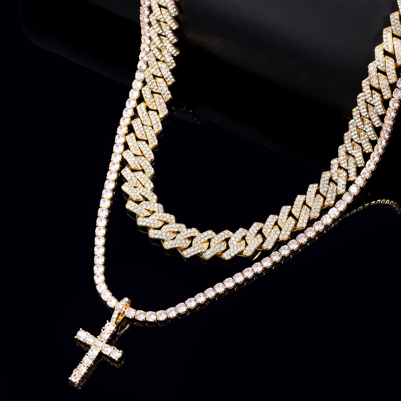 Hip Hop 2pcs Cross Tennis Chain 14MM Prong Cuban Necklace For Men Women Iced Out 2 Row Cuban Link Chain Necklaces Couple Jewelry 251013