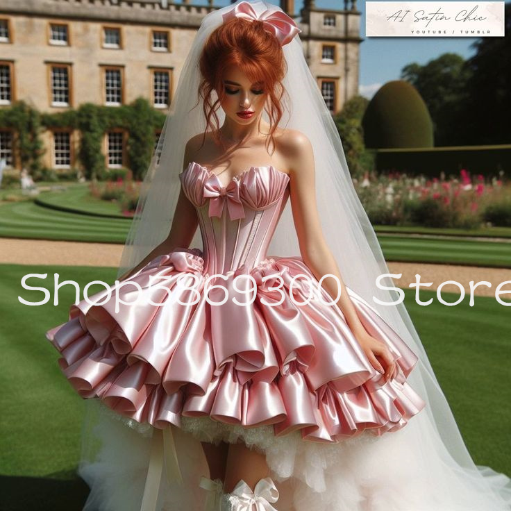 Short Princess Pink Prom Party Dresses Ruffles Tiered Skirt Lolita Victorian Rococo Corset Cosplay Evening Gown customsized