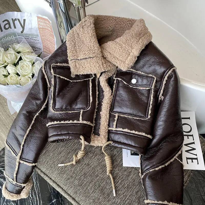 Black Lambswool Jacket Winter Thickened Plus Veet Motorcycle Faux Leather ing Coat PU Plush Cardigan Stand Collar Tops dongdumaoyi