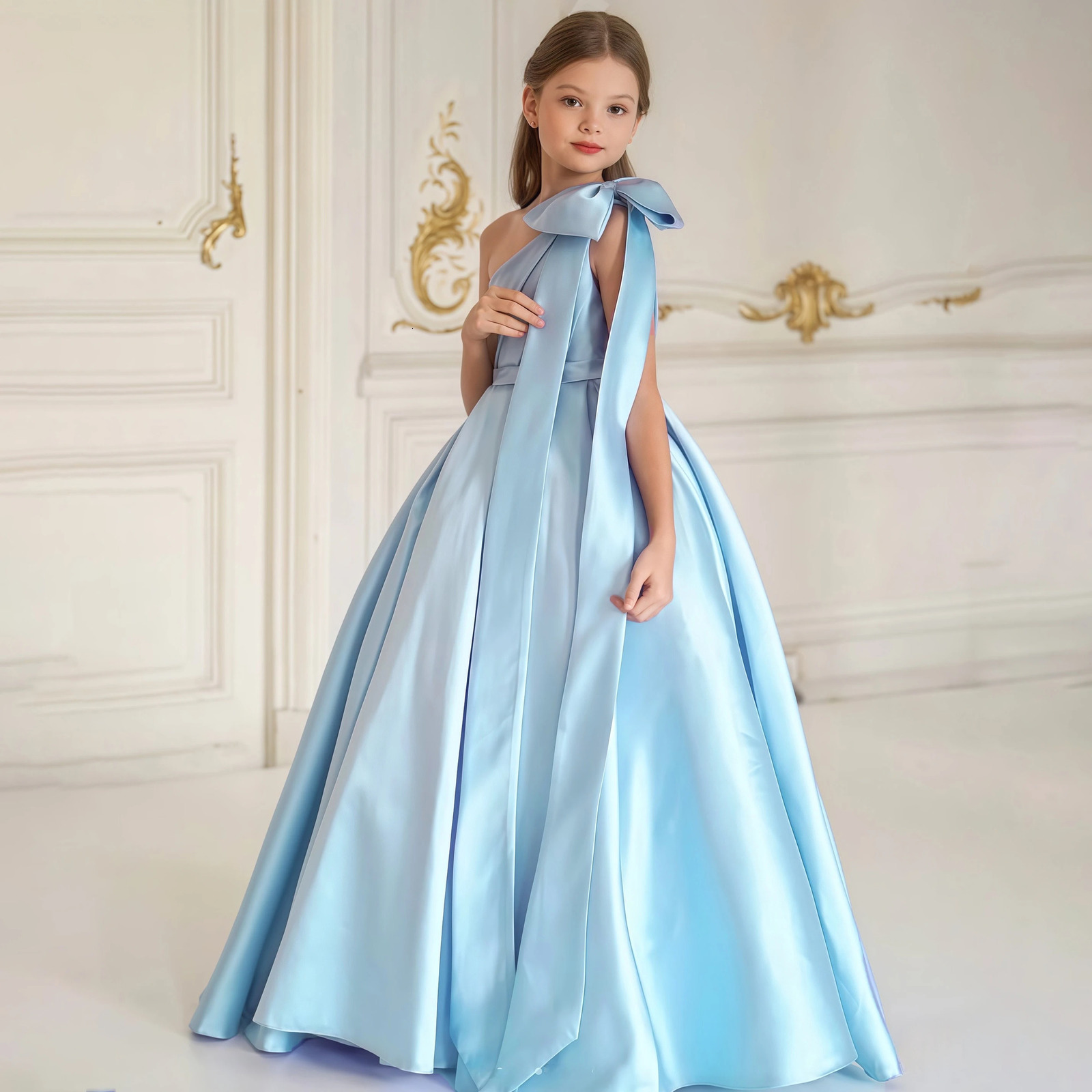 Fashion Bow Bridesmaids Party Girls Dress Elegant Wedding Birthday Princess Prom Dresses for Girl Gala First Communion Costumes 251023