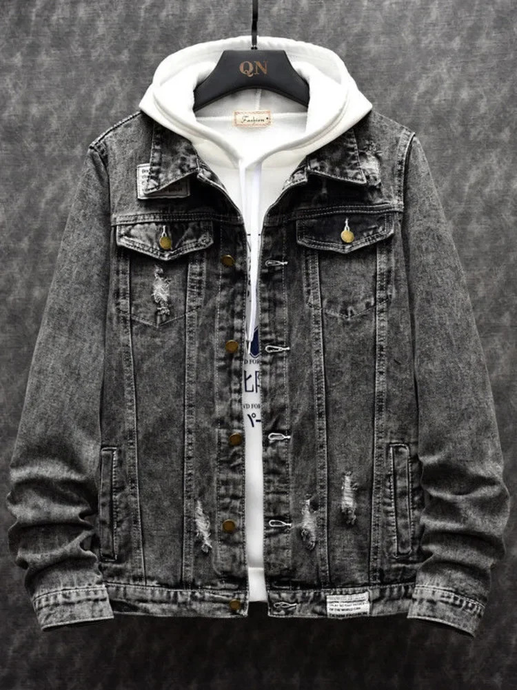 Men Vintage Denim Jacket Handsome Embroidery Jean Patchwork Long Sleeve Classic Outerwear Windbreaker Spring Autumn Coat 251017
