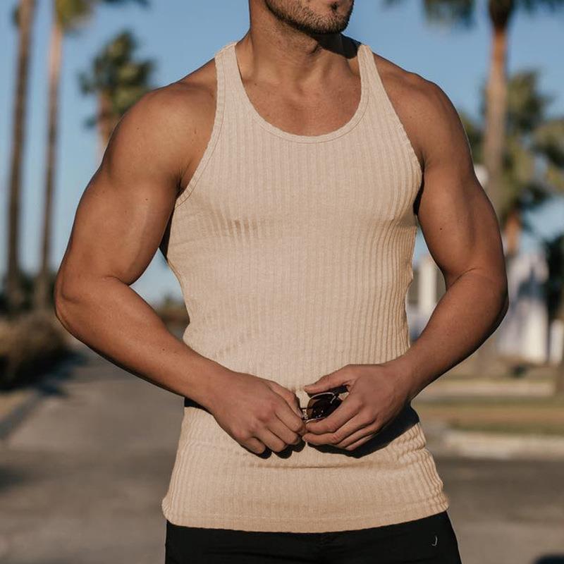 2025 New Spring Summer Knitted Solid Color Fitness Sports Slim Fit Tank Top Men's Clothing