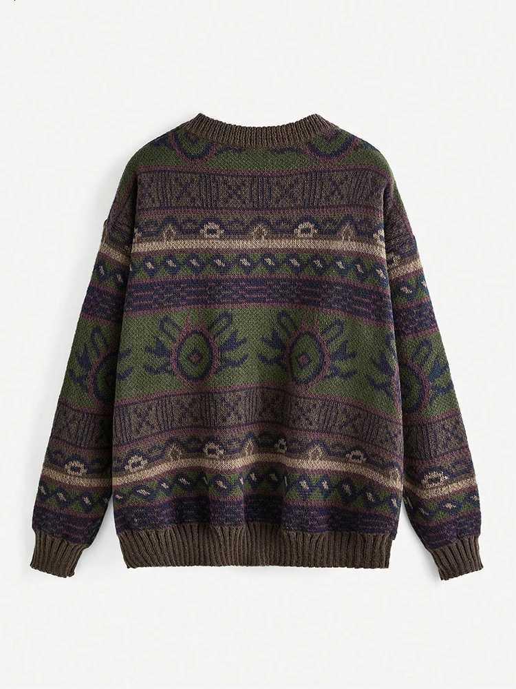 2024 Autumn and Winter New Retro Round Neck Simple School Geometric Pattern Knitted Sweater Off ShoulderT251025