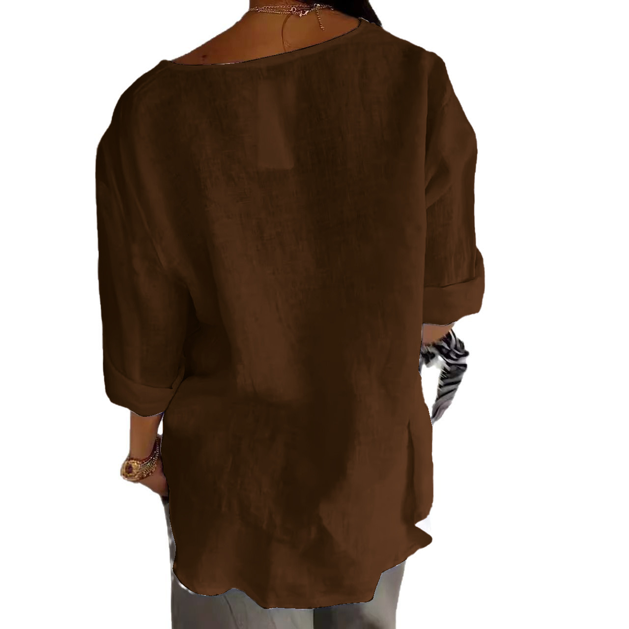 2025 Autumn Winter New Casual Button Round Neck Loose TShirt Womens Fashion