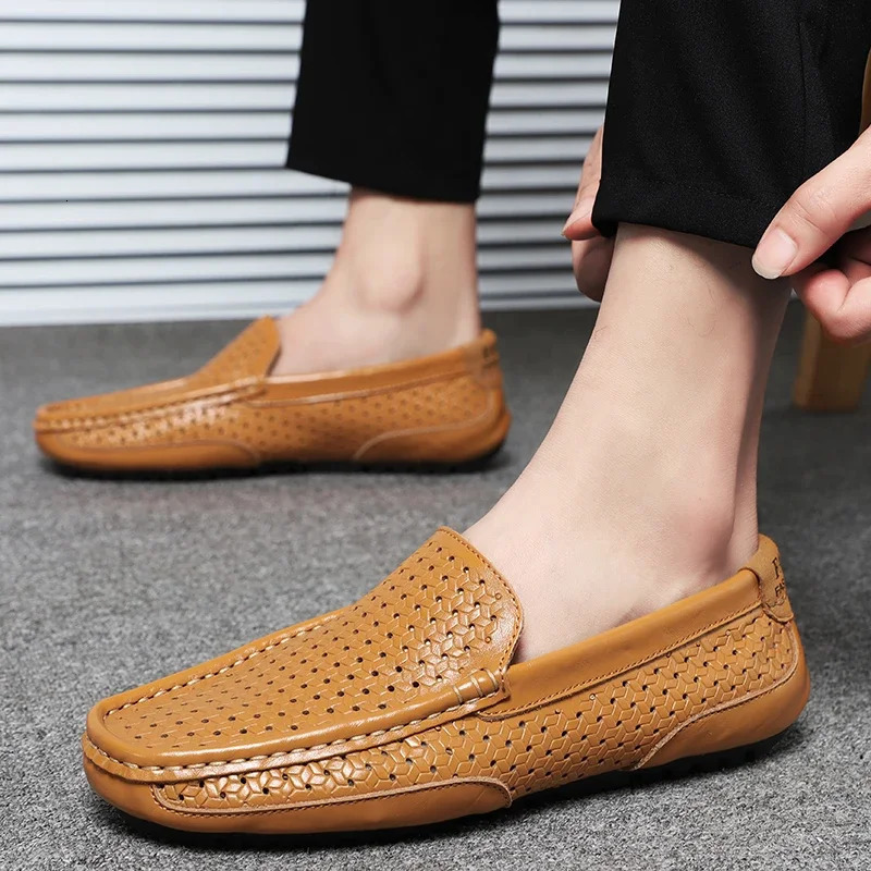 Summer Men Casual Shoes Genuine Leather Mens Loafers Moccasins Hollow Out Breathable Slip on Driving Shoes 251023