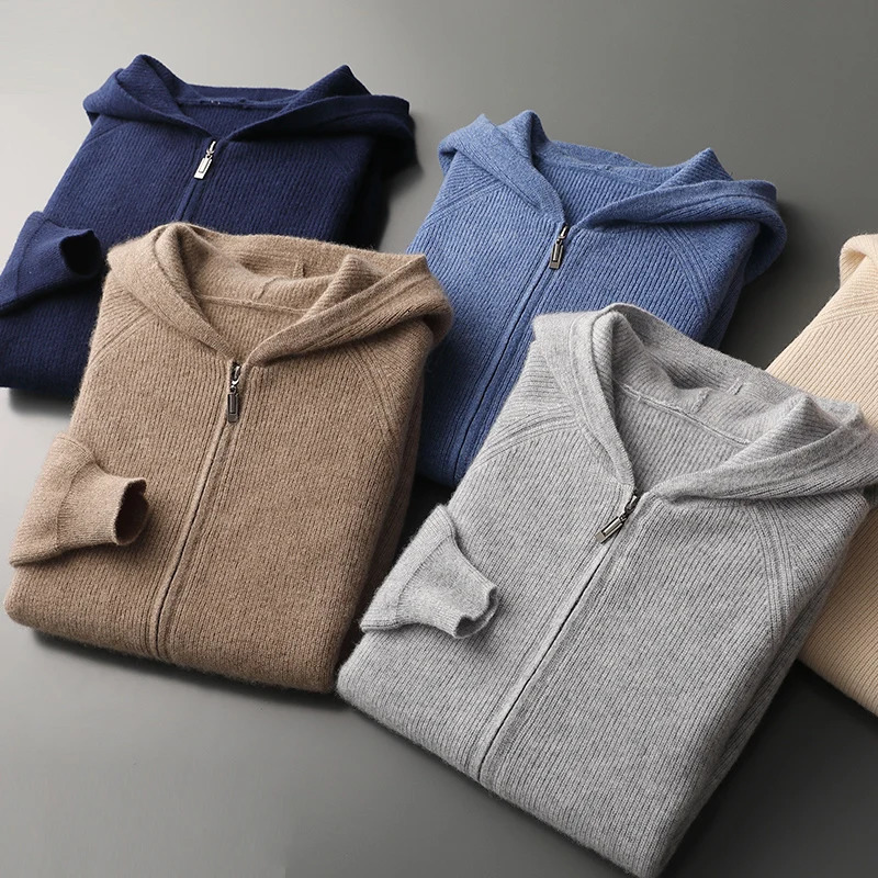 Men 100 Merino Wool Sweater Hooded Zipper Cardigan Autumn Winter Thickened Knit Largesize Jacket Long Sleeved Sportswear Coat 251020