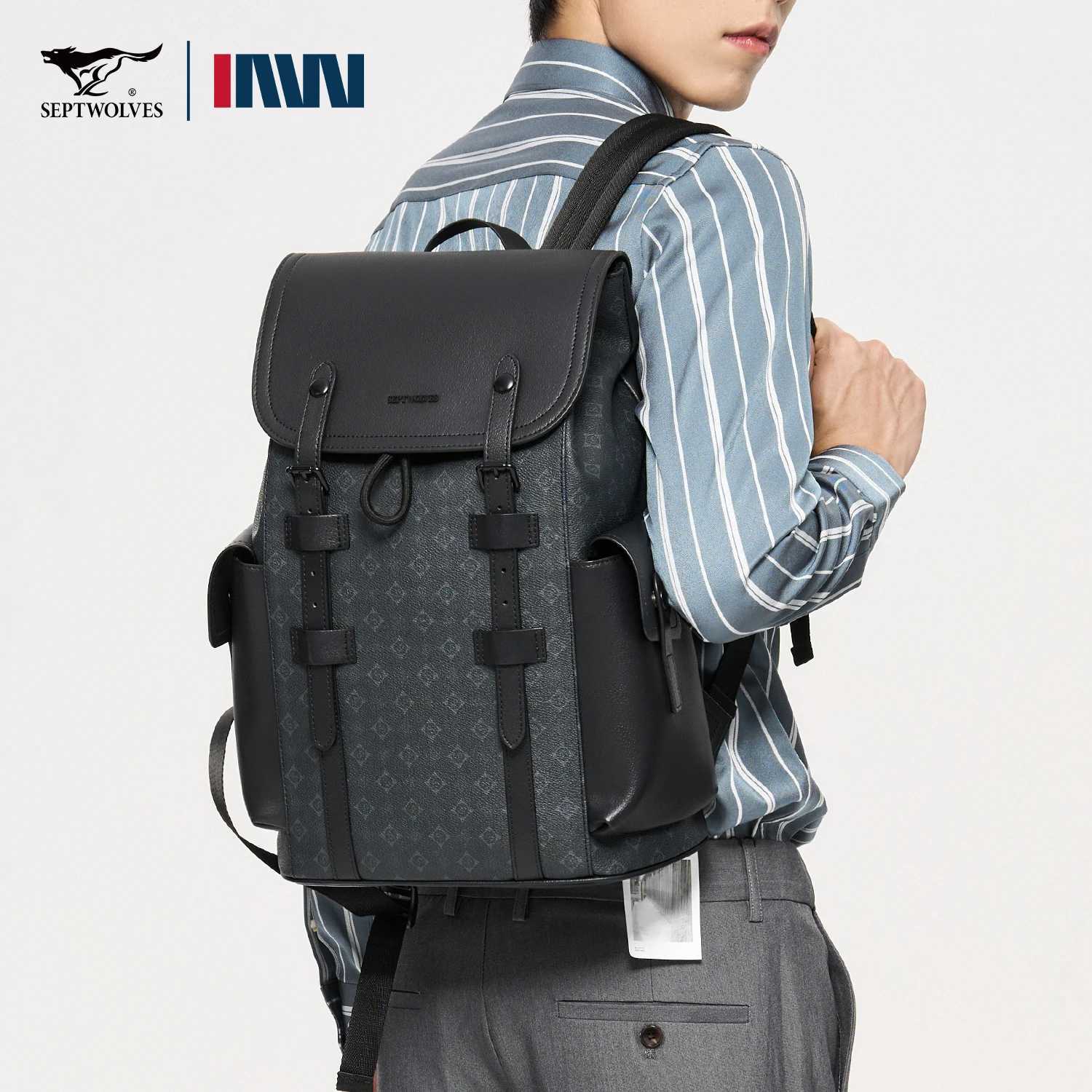 Septwolves High Quality Business Printed Leather Backpack Man Designer Drawstring Flip Monogram Laptop Bags Print Work Rucksack W251025