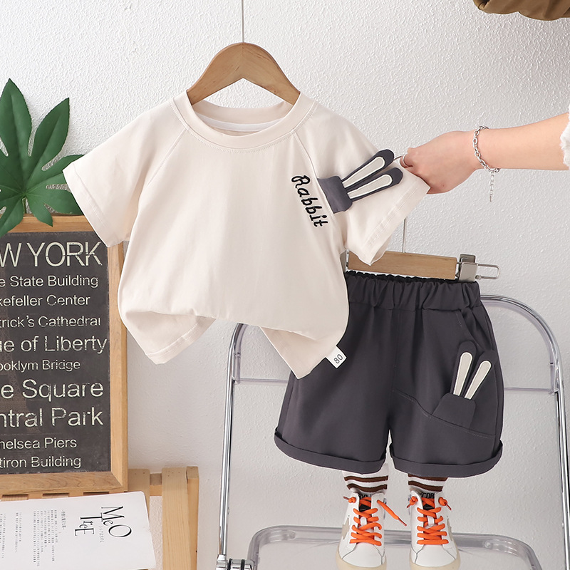 Free Shipping 2025 Boys Summer Clothes Set Rabbit Print Short Sleeve Two-Piece Outfit Korean Style Shorts Set