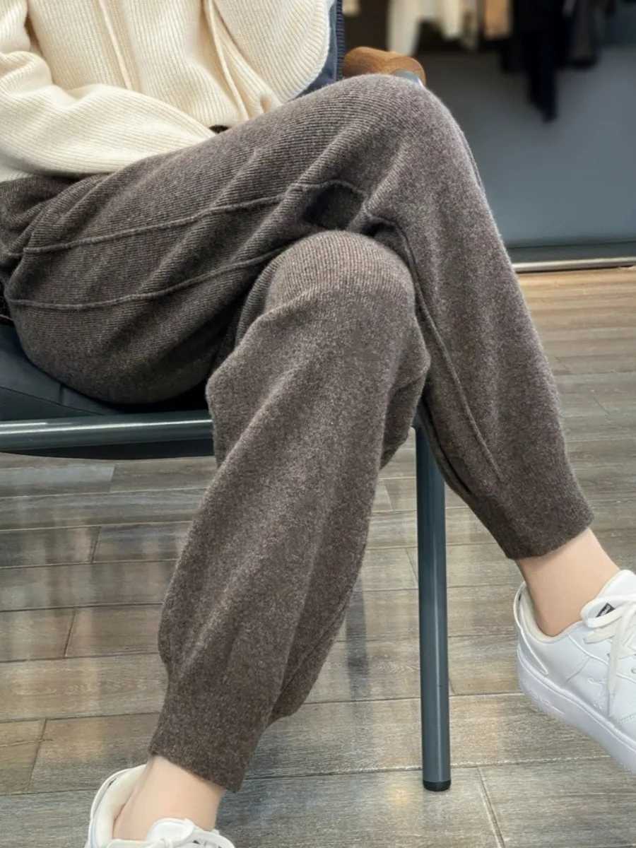 High Waist Slim Fit Pants Womens Casual Elastic Waist Dstring Straight Leg Wool Slimming Knitted Base Layer Pants XT1581T251025