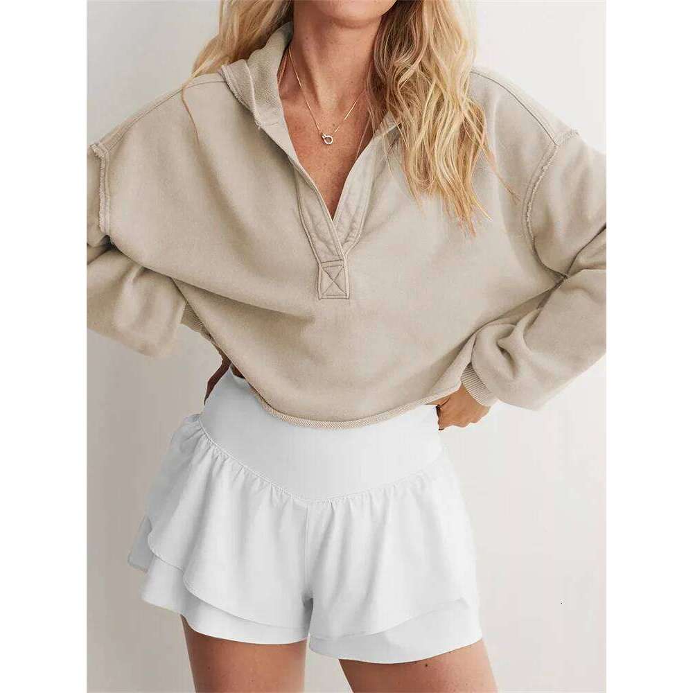 Women's Spring Autumn Hooded Sweatshirt Long Sleeve Solid Color V Neck Crop Hoodie hoodies women