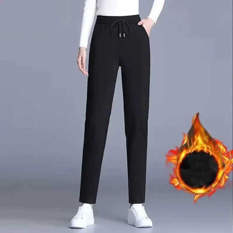 Korean Fashion Fleece Thicken Women Black Sports Pants Autumn Winter Elastic High Waist Slim Streetwear Versatile Casual TrouserT251025