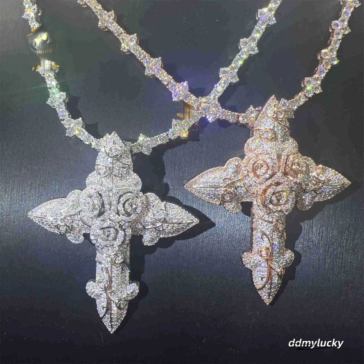 In Stock Fashion Man Jewelry Gold Color Hip Hop S Vvs1 Moissanite Dia Rose Flower Cross Pendant Necklace Set Ddmylucky