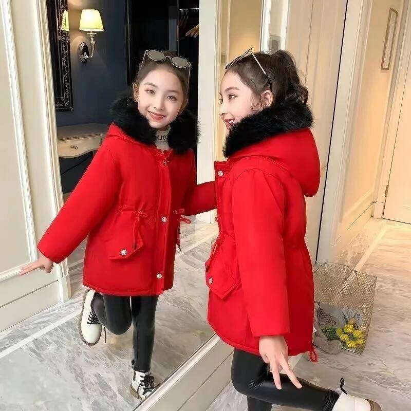 Teenager Girls Fur Collar Hooded Winter Coat 2025 New Kid Solid Color Waist Cinching Thicken Warm Parka Children Snowsuit