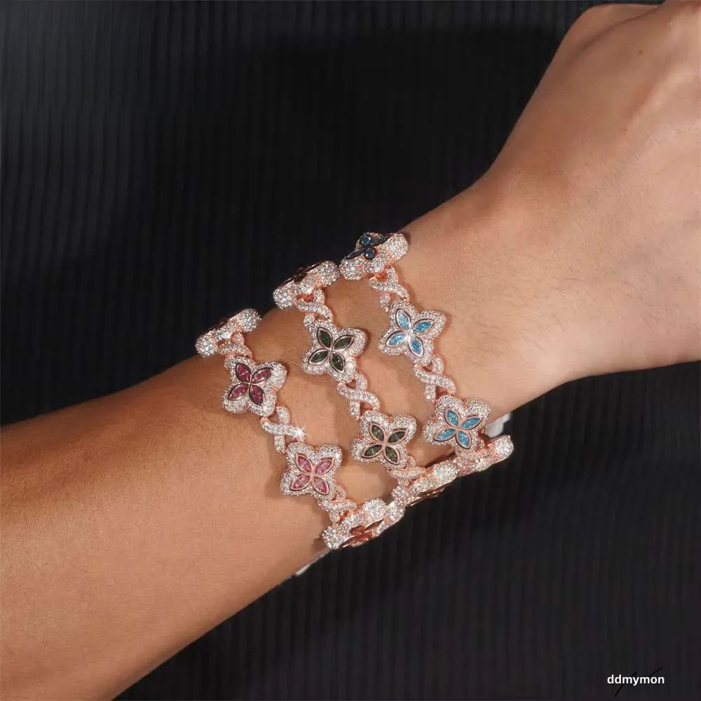 Rich Color Flower Design 18Mm Custom Iced Out Hip Hop Unisex Jewelry Cuban Link Chain Sier VVS Moissanite Bracelet Ddmymon
