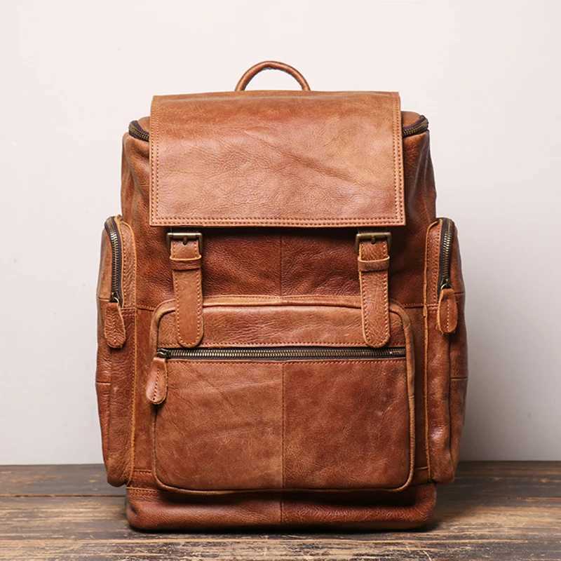 Cowhide Mens Backpack Vintage Brown Leather Casual Backpack 156 Laptop Bag Large Capacity Outdoor Travel Backpack W251025