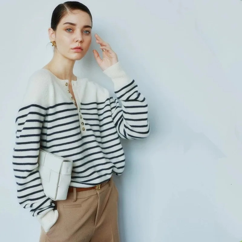 French crewneck sweater Womens halfopen neck breasted horizontal striped long sleeve pullover cashmere sweater loose knit top 251023