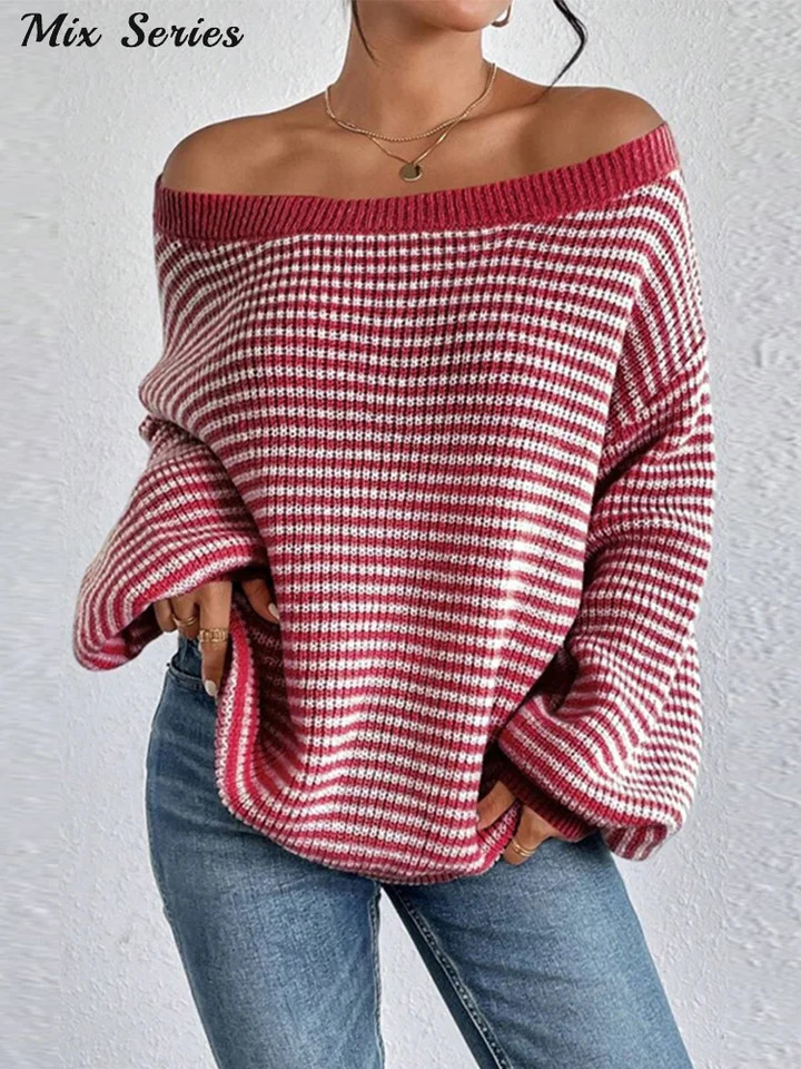 Loose Striped Drop Shoulder Pullover Women Oversized Long Lantern Sleeve Oneck Sweaters Autumn Female Casual Knitwear 251023