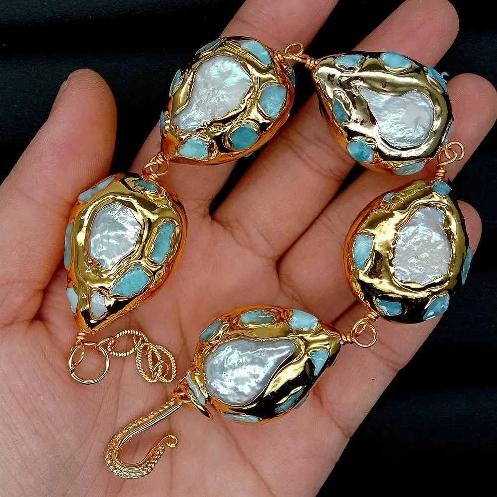 YYGEM Natural White Coin Freshwater Pearl Pave 22x28mm Blue larimar Chips Teardrop Gold Color Plated Wrap Bracelet 9 251016