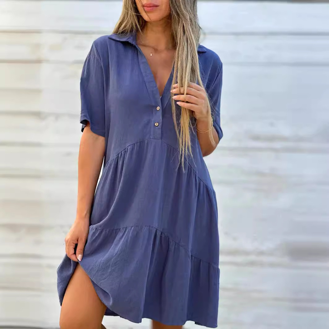 2025 Women's Loose Solid Color Turn-Down Collar Casual Short Sleeve Cotton Dress