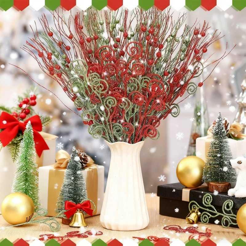 Artificial Berrys Stem Christmas Decoration Glitter Xmas Tree Hanging Home Flower Bouquets Decor DIY Wreath Gift Accessories C251024