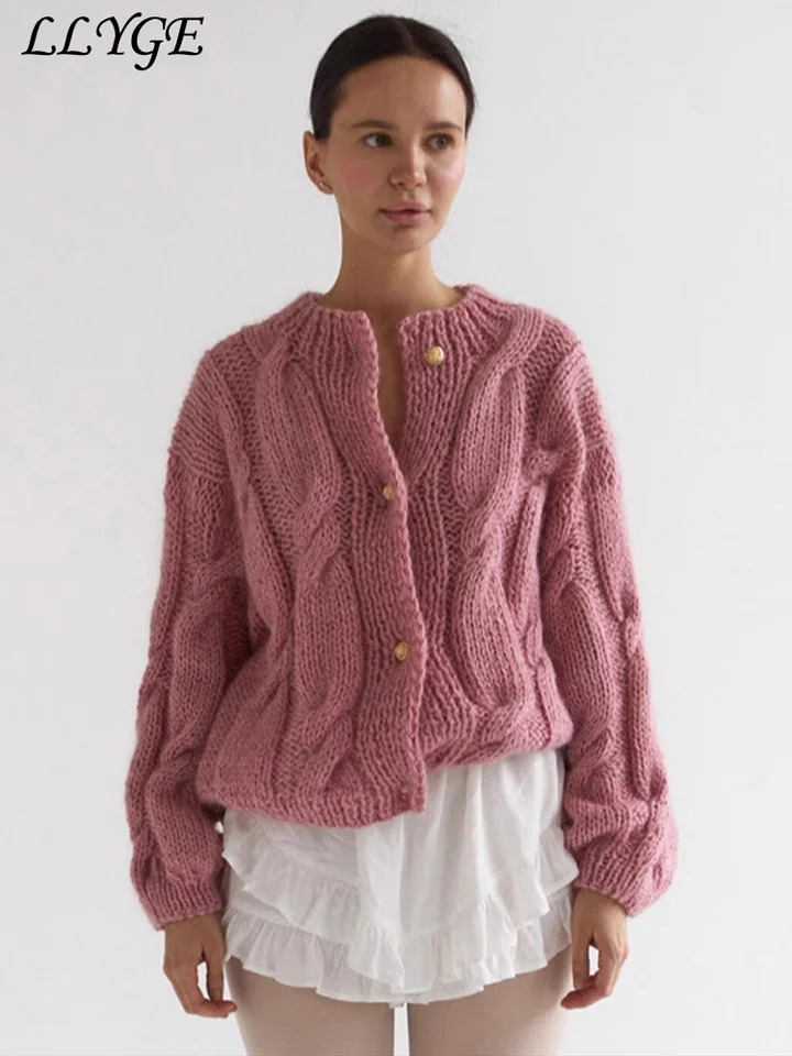 Casual Knit Twist Cardigans For Women Solid Oneck Single Breasted Long Sleeve Womens Sweater Autumn Winter Lady Fur Coat 251021