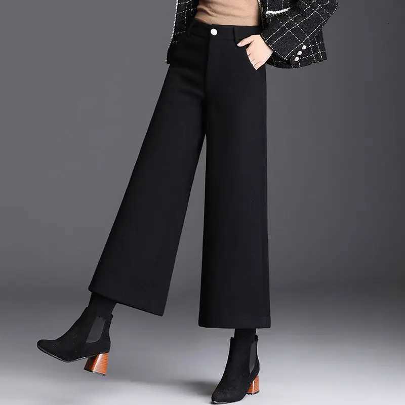 2024 New Woolen Wide Leg Pants Ladies Autumn Winter Anklelength Pants High Waist Loose Straight Fleece Women Clothes TrousersT251025
