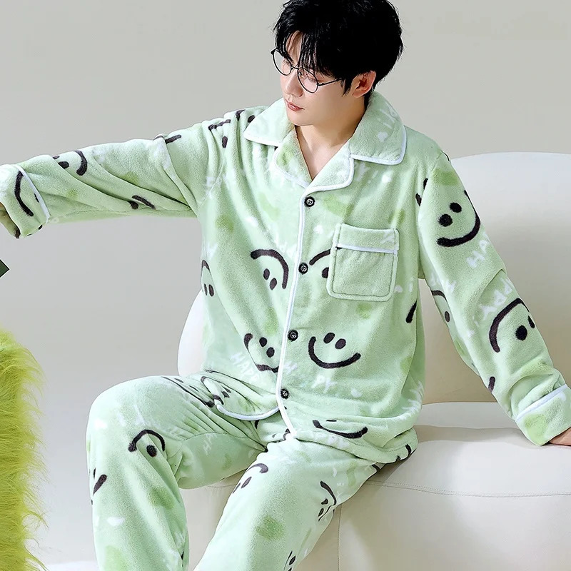 Cartoon Winter Pajamas Mens Open Cardigan Thiened Flannel Home Clothes Warm Spwear Long Sve Long Pants for Youth 251021