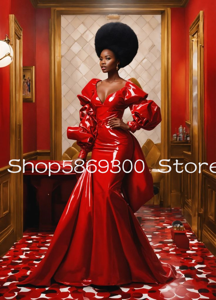 Shiny Red Mermaid Modern Prom Formal Dresses Puffy Long Sleeve Sexy V-neck Ruched Comic-Con Evening Gala Gown Customsized