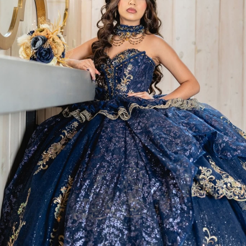 Navy Blue Shiny Quinceanera Dresses Ball Gown Off The Shoulder Applique Lace Beading Crystal Corset Party Birthday Sweet 16 Dress Vestidos 15 De Anos