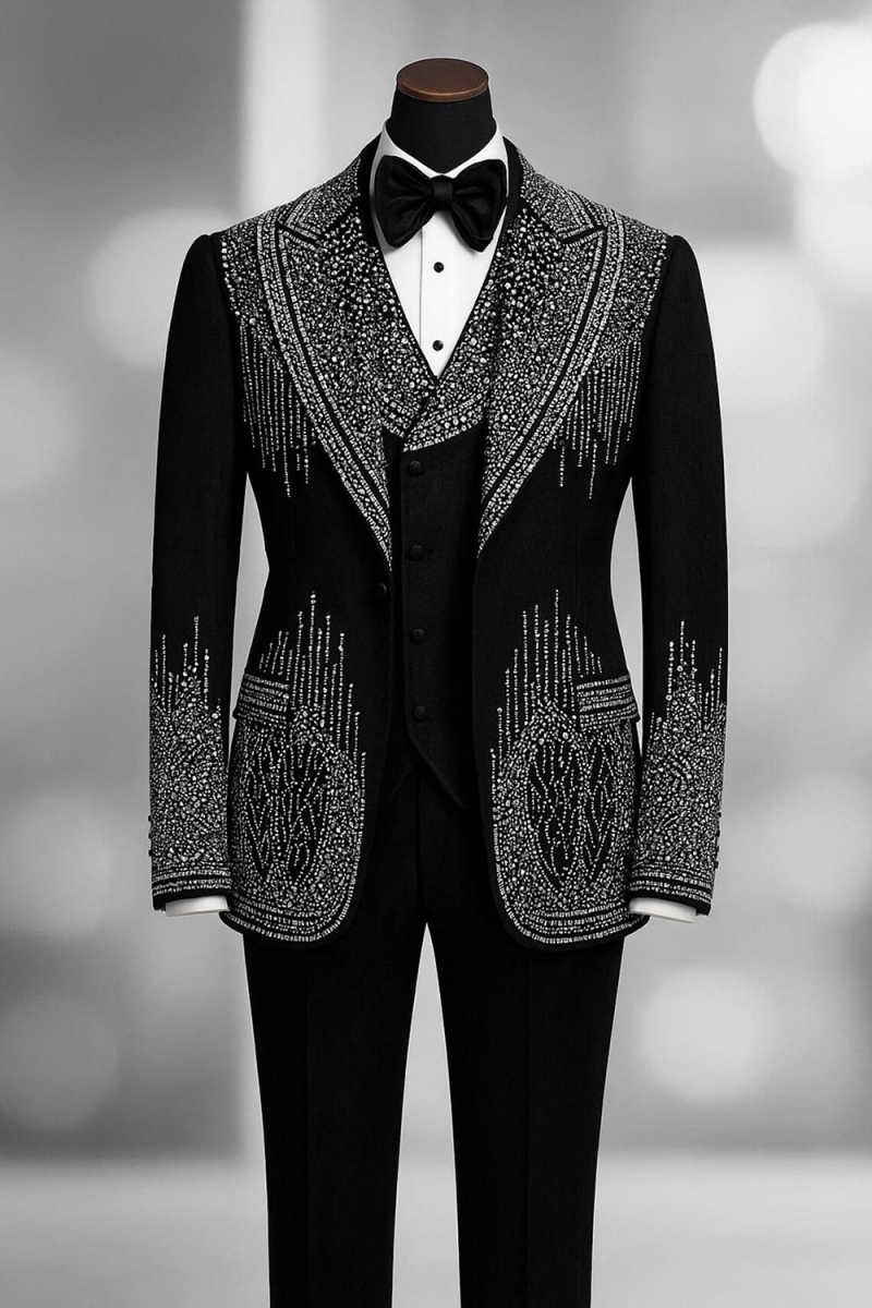 Luxury Stone Embroidery Men Suit With Pant Jacquard Groom Wedding Tuxedos Customized Costume Homme 3 Pieces Sets Prom Blazers