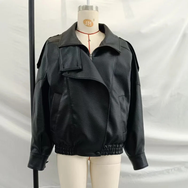 Stylish Pu Leather Jacket Standcollar Loose Long Sleeved Coat Cool Casual Chic Versatile Outerwear Autumn Women Streetwear 251020