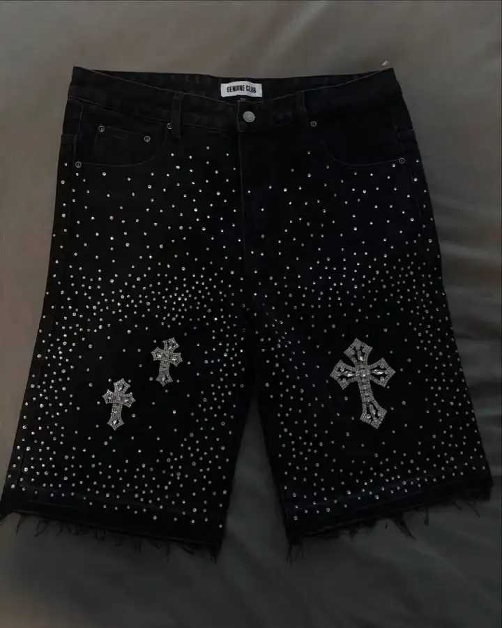 Streetwear Mens Womens Cross Rhinestone Denim Shorts Y2K Jeans Hip Hop Cross Sequins Vintage Baggy Gym Shorts Basketball ShortsXJ251025