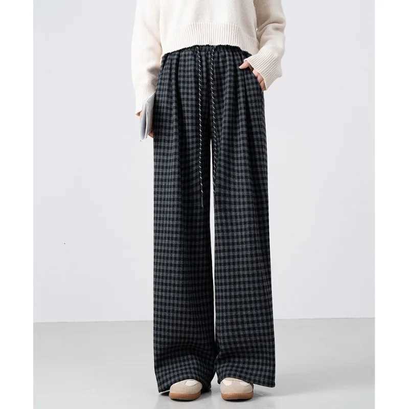 Autumn Winter New Retro Brushed Plus Velvet Plaid Casual Pants Loose Slimming Warm Straight Mens TrousersT251025