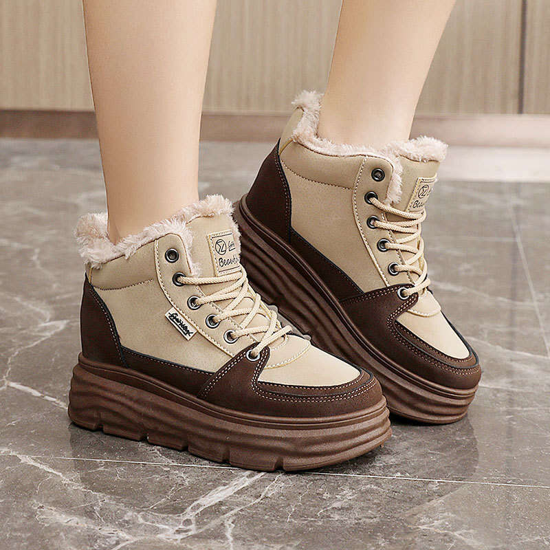 New Autumn Winter Casual Height Increasing Sneakers High Top Fleece Lined Warm Thick Sole Student Women's Shoes