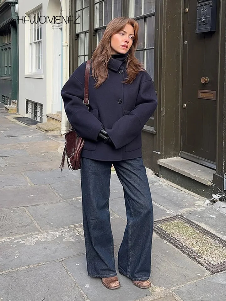 Casual Solid Woolen Jackets Women Stand Collar Full Sleeve Loose Single Breasted Coats Female 2025 Autumn Winter Lady Outwears 251013
