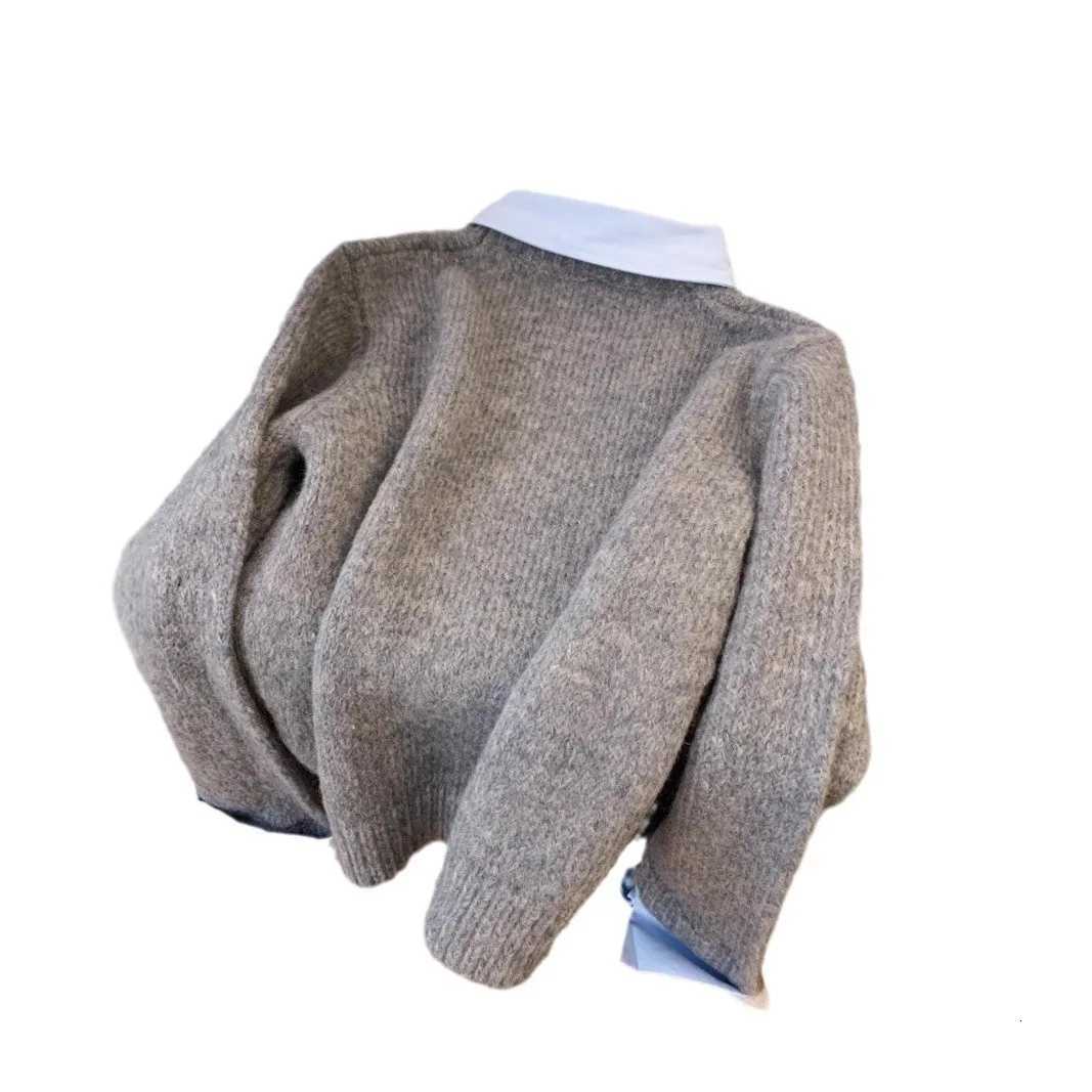 Fake Two Shirts Collar Sweater Womens Autumn Outfit New Lazy Linterior Contrasting Color Gray Knit Sweater Top With Flip CollarT251025
