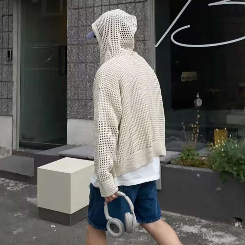Mens Casual Hollow Coats Breathable Cardigan Sweater Summer Lightweight Hooded Knitted Top Korean Trendy Streetwear Clothe 251020