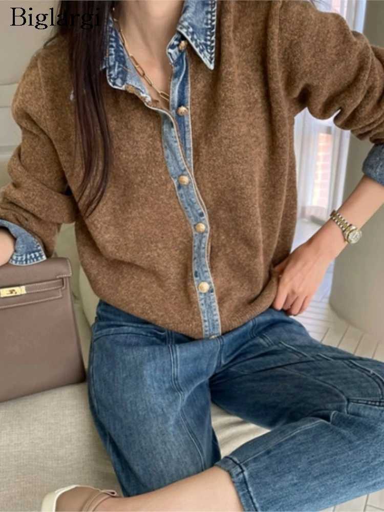 Knitted Autumn Cardigan Women Denim Patchwork Fashion Ladies Cardigans Korean Style Loose Casual Woman Sweater CoatsT251025