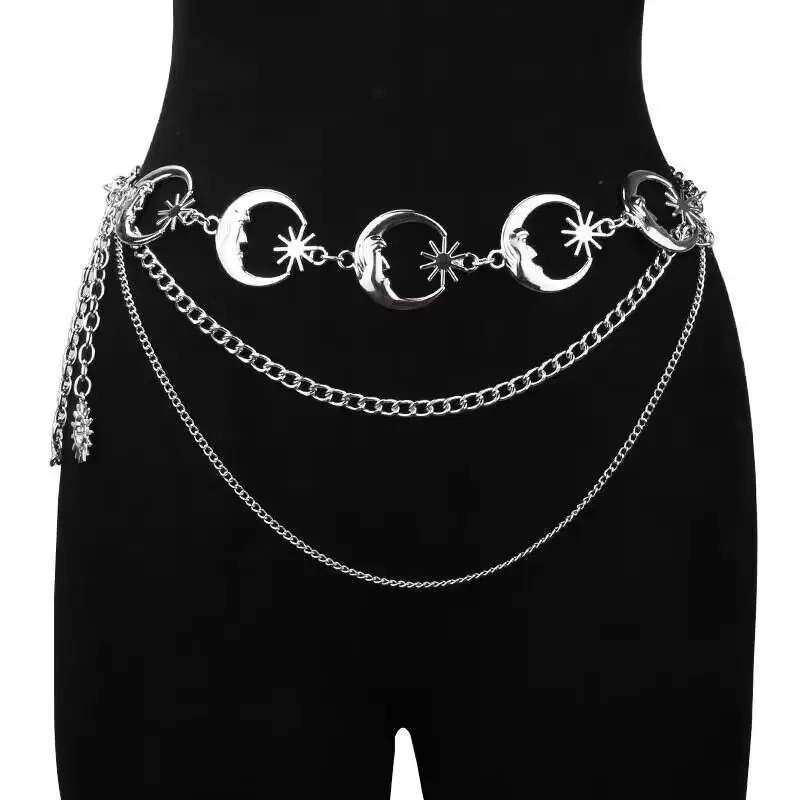 Women Star Moon Metal Waist Chain Multilayer Punk Gothic Golden Silver Hollow Chain Belt Female Dress Jewelry Body Chain 251023