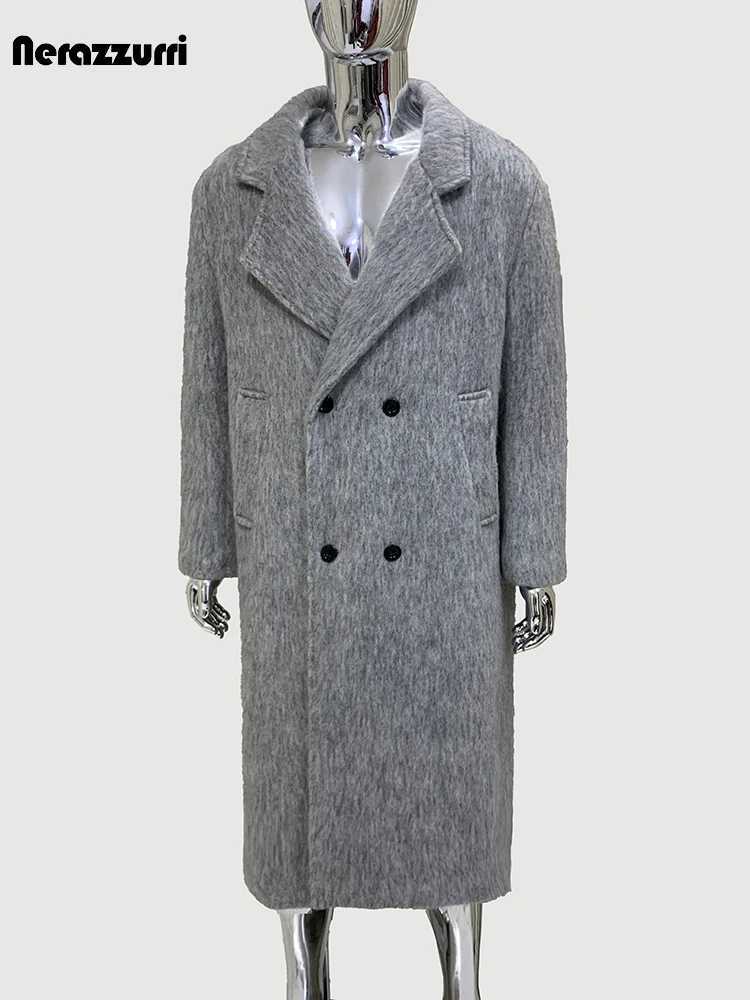 Nerazzurri Spring Winter Long Thickened Warm Gray Woolen Coat Men Shoulder Pads Double Breasted Elegant Wool Blend OvercoatT251025
