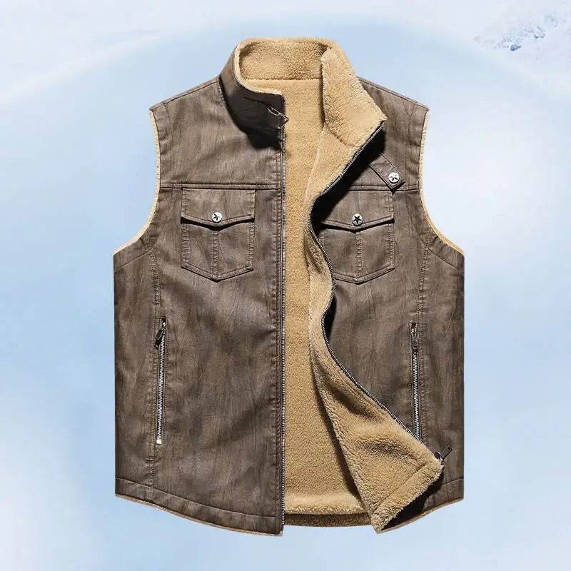 Mens Fleece Liner Fur Leather Jacket Men Sleeveless Winter Windproof Coat Man Vintage Style Thermal Male Clothes Stand Neck 4XL 251020