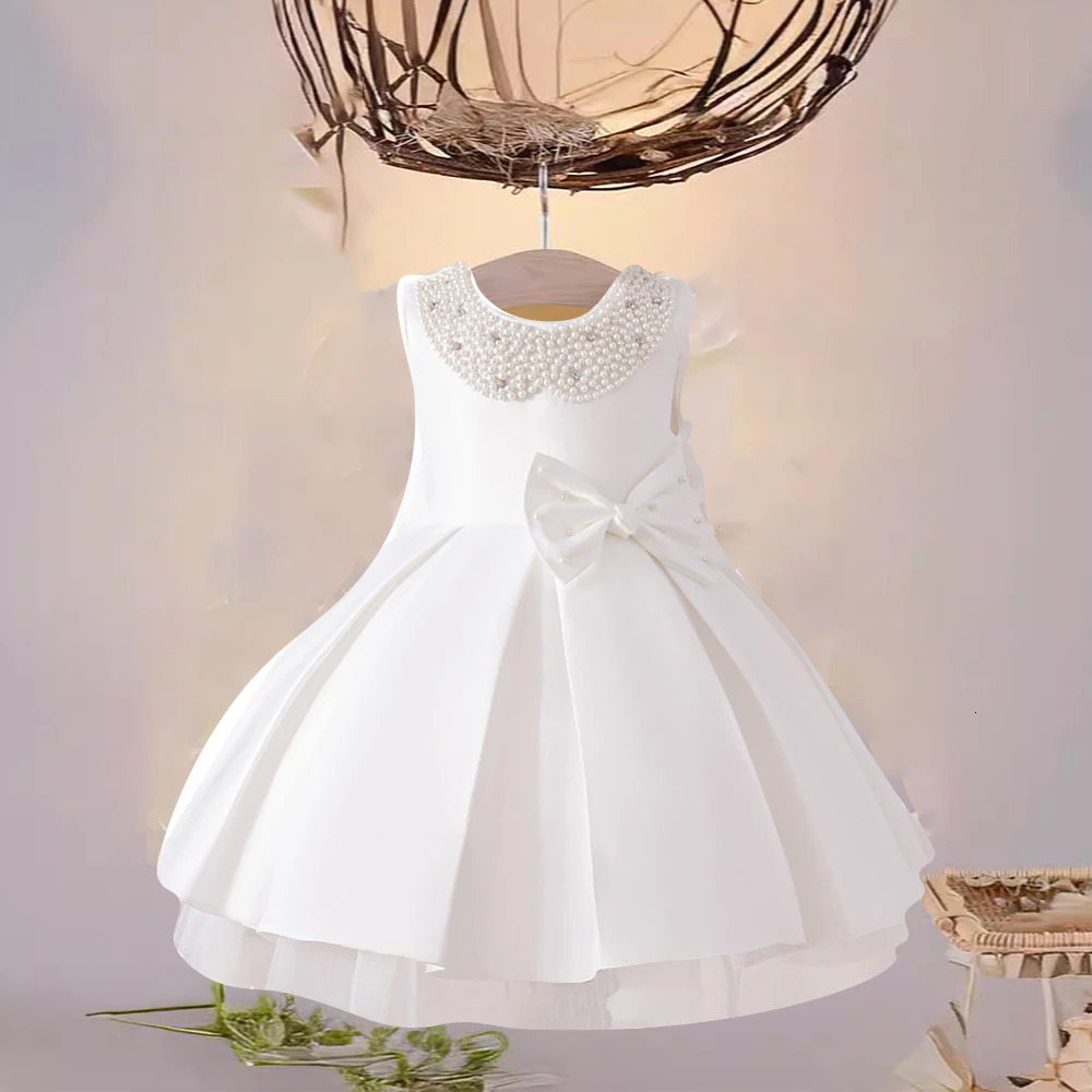 Girls Beading Princess Gown Birthday Party Dress Elegant Girl White Wedding Pleated Dresses With Bow Kids Formal Evening Costume 251023