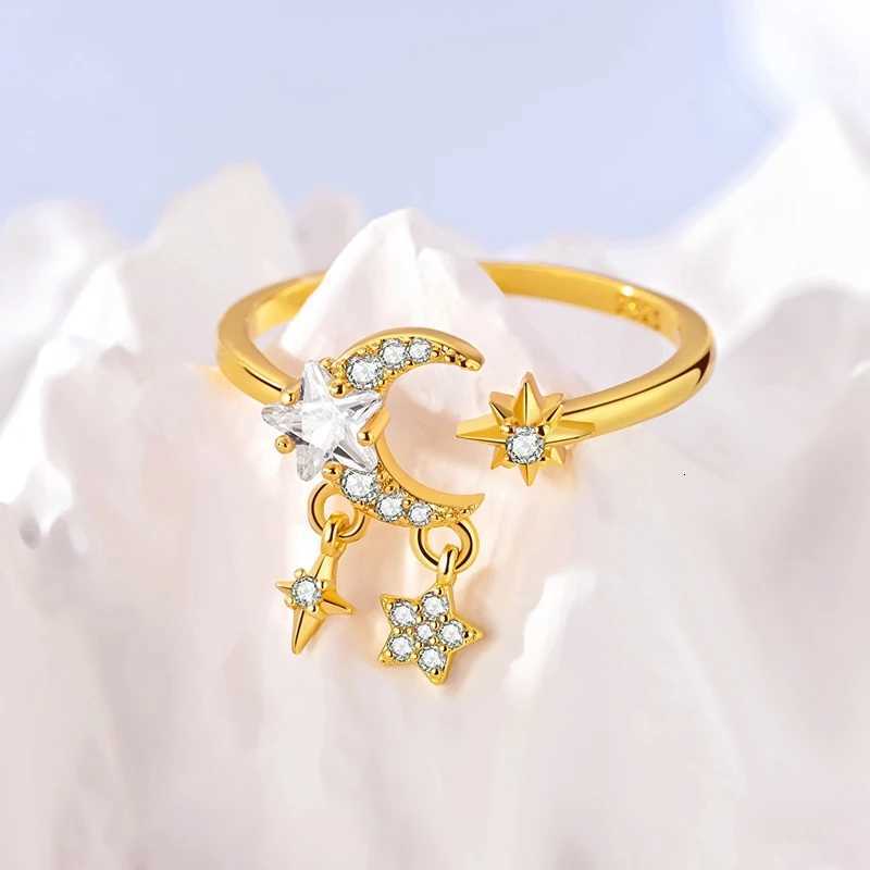 Original 925 Sterling Silver Gold Color Star Moon Tassel Open Rings for Women Girls Jewelry Birthday Anniversary GiftsXJ251025