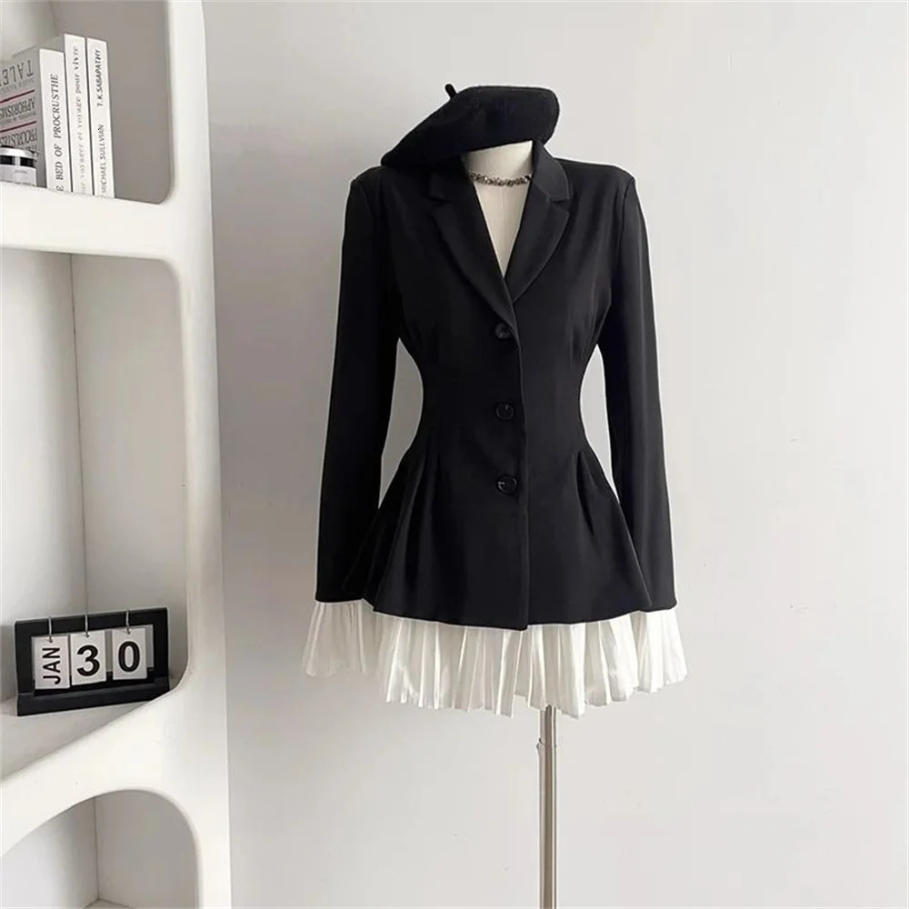 Black White Patchwork Blazer Pleated Spliced Dresses For Women Clothing Spring Autumn Fashion Blazer Coat Aline Dress 251024