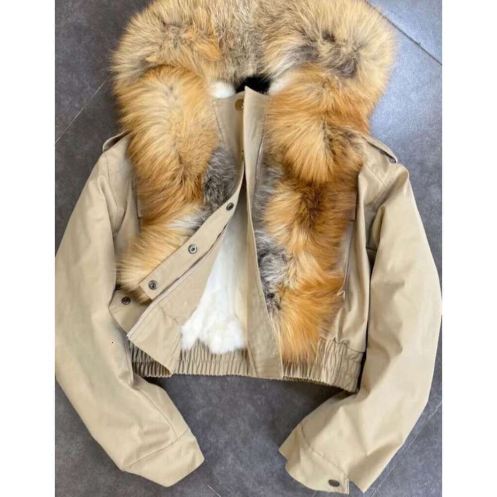 2025 Balck Winter Women New Fur Collar Liner Real Rabbit Hair Multi Pocket Short Jacket Cotton Hooded Casual Coat