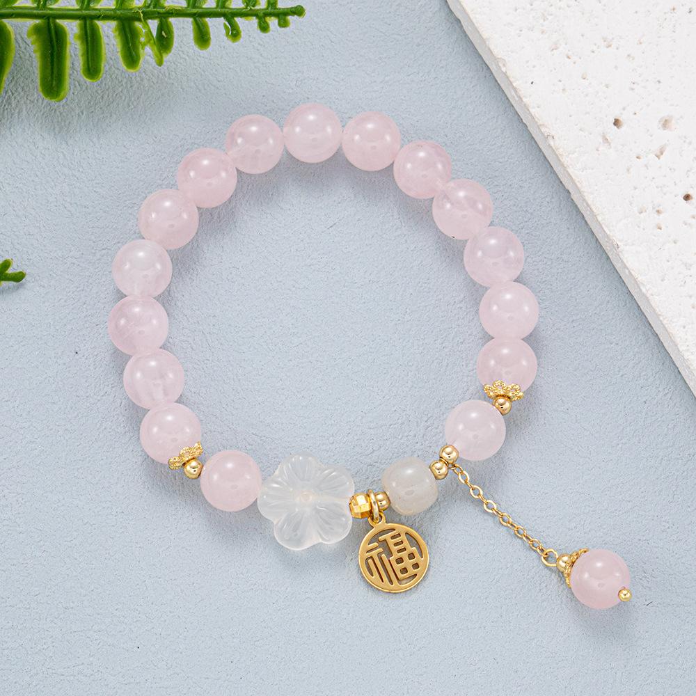 Women's Natural Crystal Bracelet with White Agate Peach Jade Beads