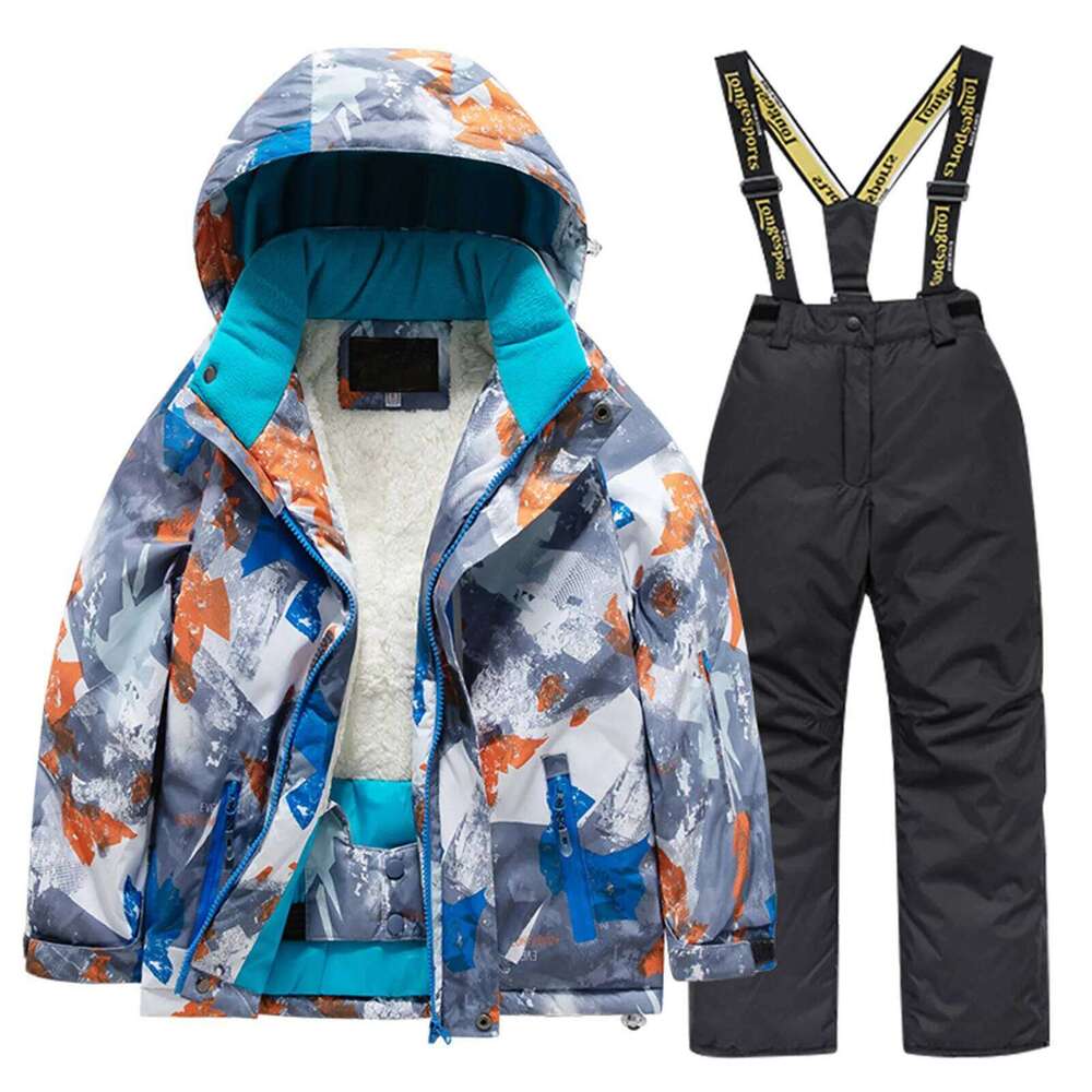 Kids Fleece Lined Ski Jacket & Pants Set Winter Windbroof Snowboarding Rain Coats Girls Handsome Boys And Students Vest Suit