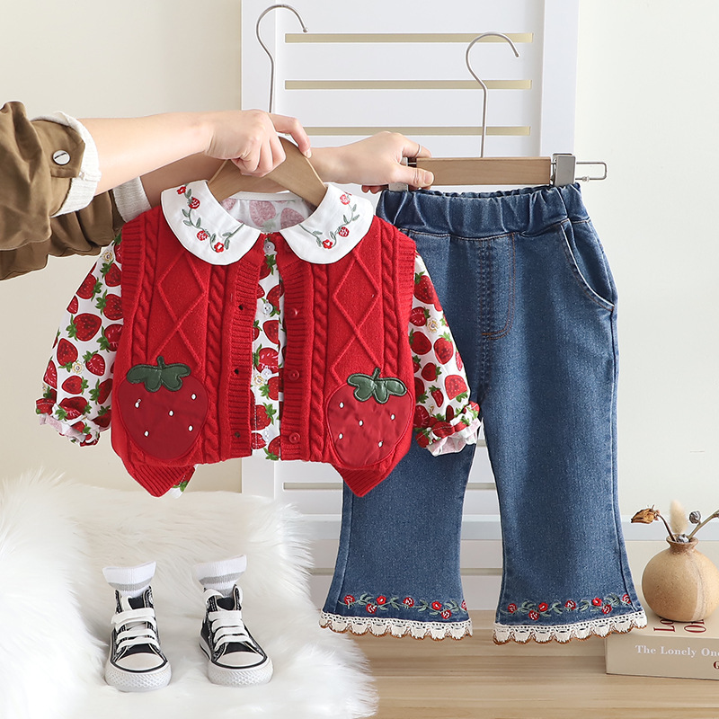 Free Shipping 2025 Girls Spring Outfit Set Strawberry Print Sweater Three-Piece Set Cute Baby Toddler Clothes Spring Fashion