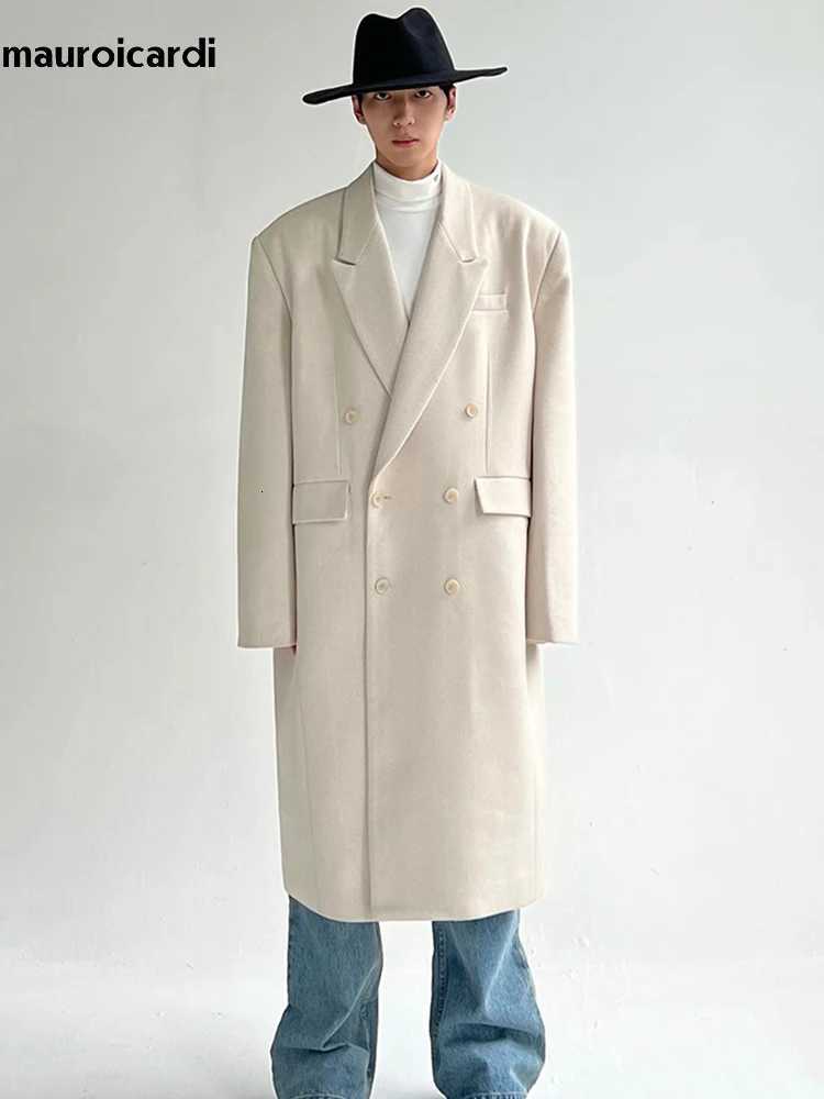 Mauroicardi Autumn Winter Long Beige Oversized Thick Warm Soft Wool Blends Coat Men Double Breasted Loose Korean Fashion 2023T251025