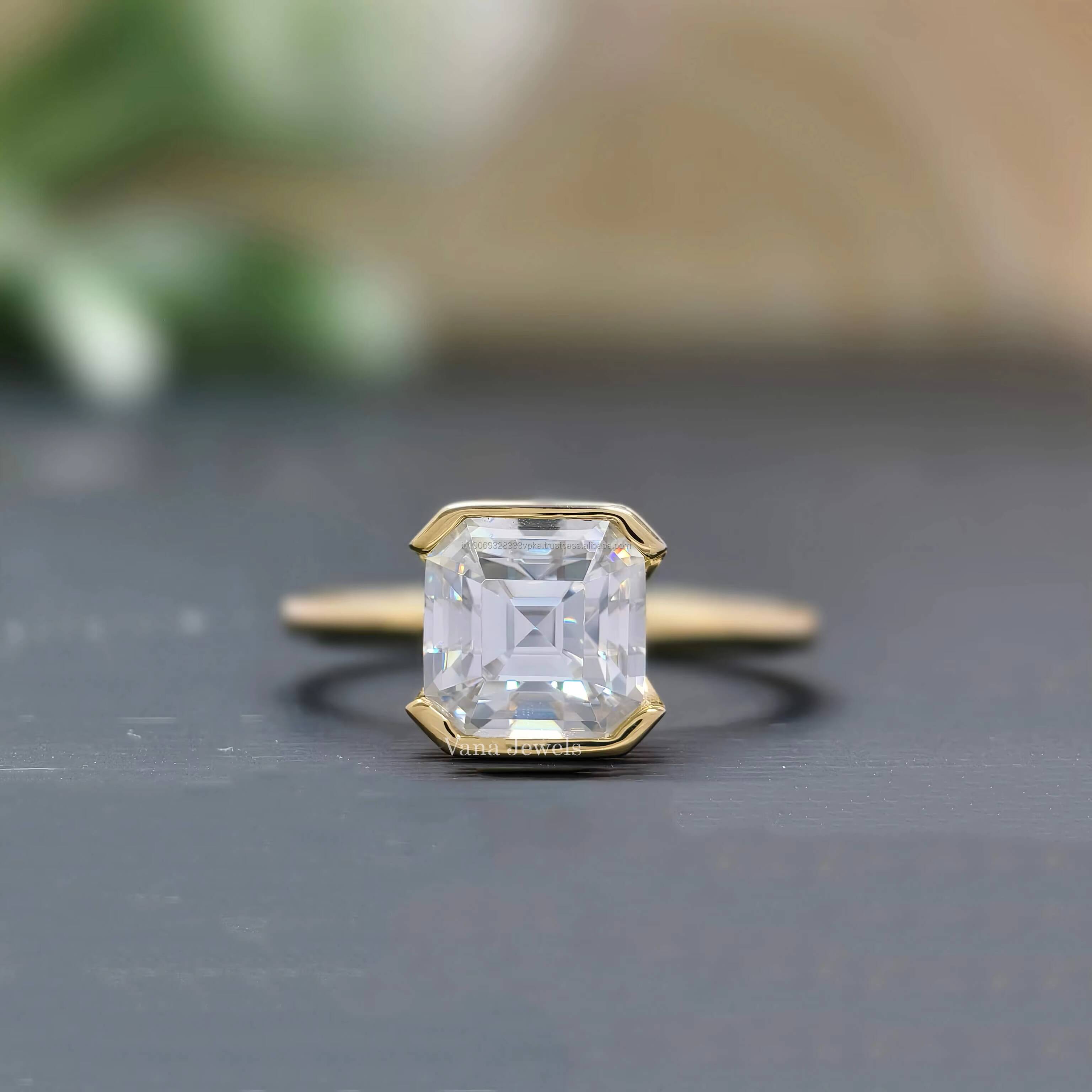Asscher Cut Moissanite Solitaire Engagement Ring in 14K Solid Yellow Gold with Half Bezel Setting wedding or anniversary gift